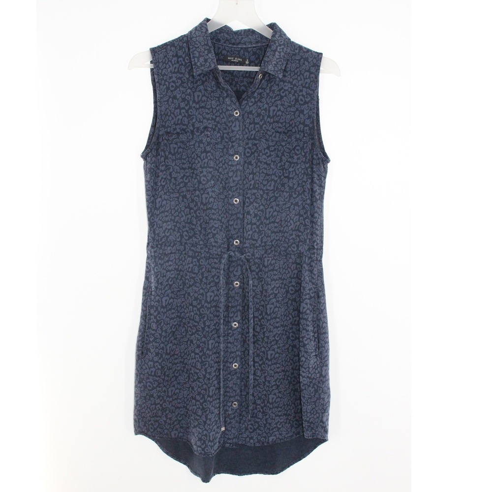 Max Jeans Sleeveless Shirt Dress Leopard Print Tencel Size S Navy Blue